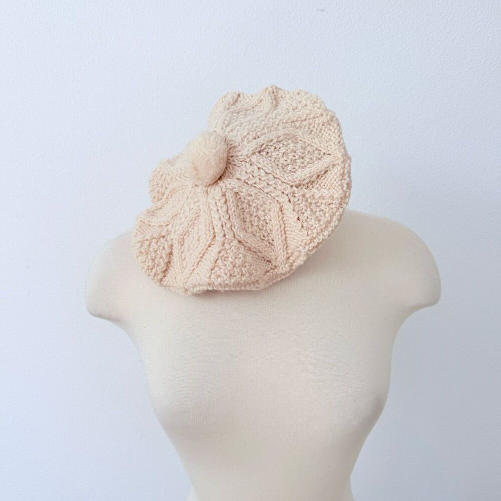 Wool Cable Knit Cream Off White Ivory Pom Pom Beret Cap Hat Vintage